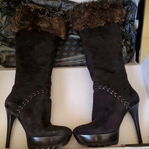 Marciano Knee-High Brown Suede Fur-Trimmed Sexy  Boots In SZ 9